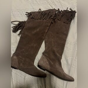 Fringe Suede Knee-High Boots - Brown leather made in Italy